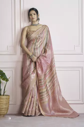 pink khadi silk blend saree with unstitched blouse