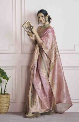 pink khadi silk blend saree with unstitched blouse 2