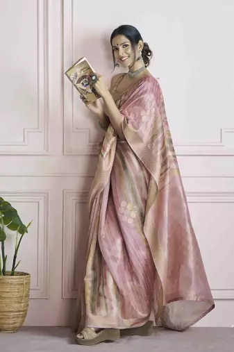 pink khadi silk blend saree with unstitched blouse