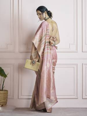 pink khadi silk blend saree with unstitched blouse 3