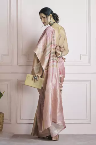 pink khadi silk blend saree with unstitched blouse