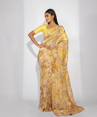 Yellow cotton silk floral printed saree 1