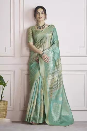 turquoise khadi silk blend saree with unstitched blouse
