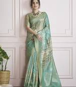 turquoise khadi silk blend saree with unstitched blouse