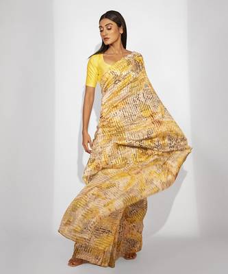 Yellow cotton silk floral printed saree 2