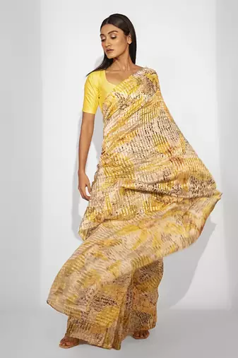 Yellow cotton silk floral printed saree