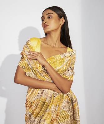 Yellow cotton silk floral printed saree 3