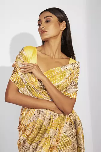 Yellow cotton silk floral printed saree