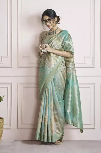 turquoise khadi silk blend saree with unstitched blouse