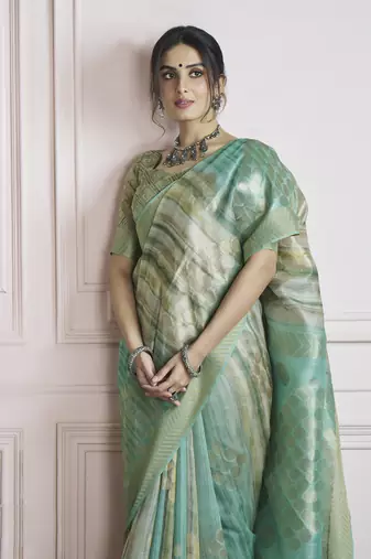 turquoise khadi silk blend saree with unstitched blouse