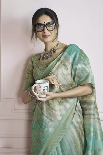 turquoise khadi silk blend saree with unstitched blouse