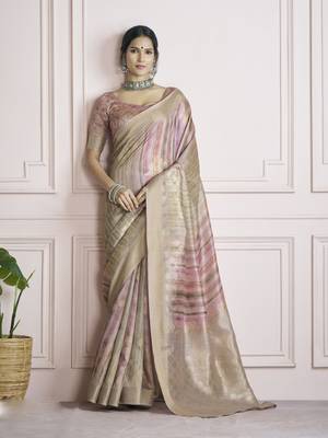 brown khadi silk blend saree with unstitched blouse 1