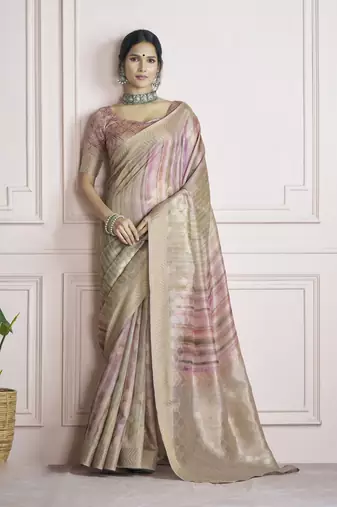 brown khadi silk blend saree with unstitched blouse