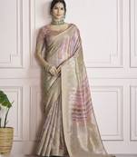 brown khadi silk blend saree with unstitched blouse