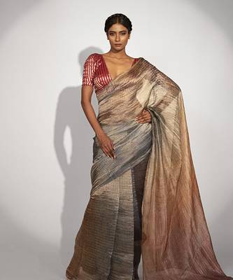 Grey tissue stripes printed saree 1