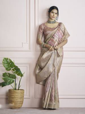 brown khadi silk blend saree with unstitched blouse 2