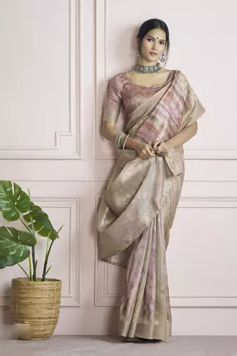 brown khadi silk blend saree with unstitched blouse