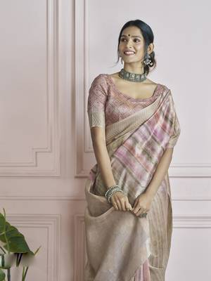 brown khadi silk blend saree with unstitched blouse 3