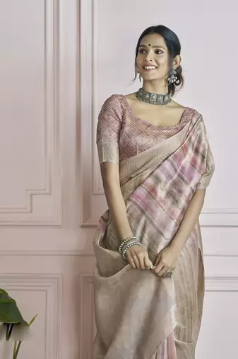 brown khadi silk blend saree with unstitched blouse