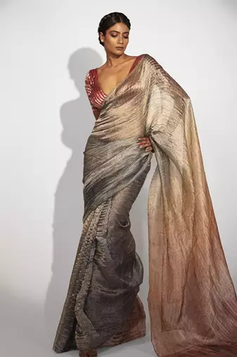 Grey tissue stripes printed saree