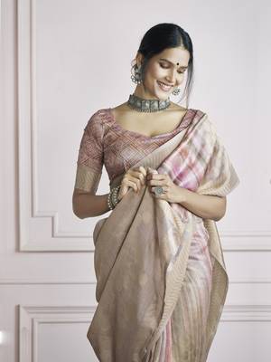 brown khadi silk blend saree with unstitched blouse 4