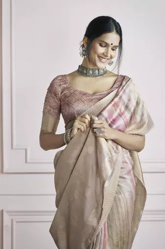 brown khadi silk blend saree with unstitched blouse