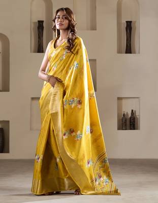yellow dola silk blend saree with unstitched blouse 1