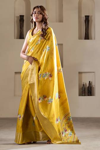 yellow dola silk blend saree with unstitched blouse