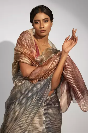 Grey tissue stripes printed saree