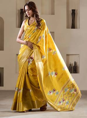 yellow dola silk blend saree with unstitched blouse 2