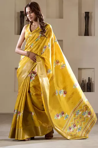 yellow dola silk blend saree with unstitched blouse