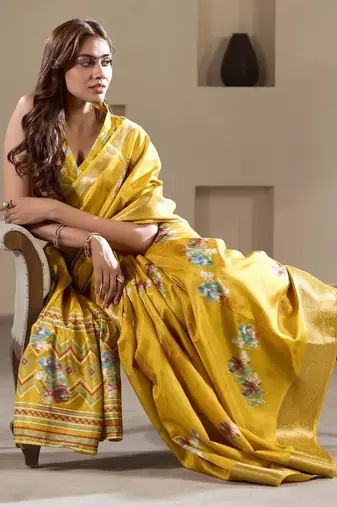 yellow dola silk blend saree with unstitched blouse