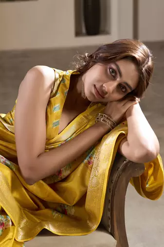 yellow dola silk blend saree with unstitched blouse