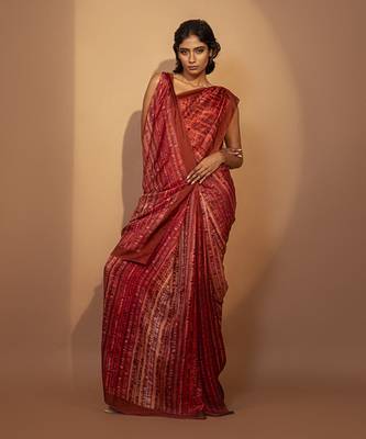 Abstract printed red silk saree 1