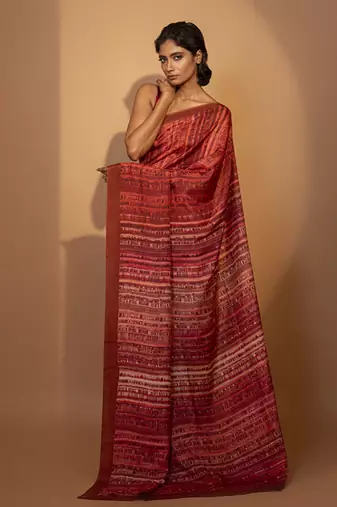 Abstract printed red silk saree