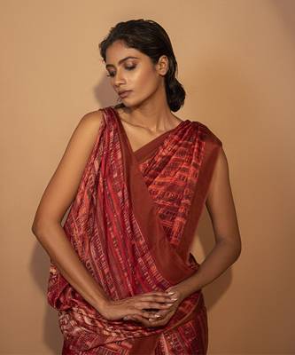 Abstract printed red silk saree 3