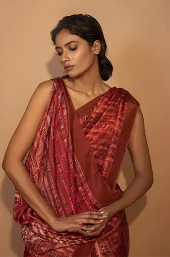 Abstract printed red silk saree
