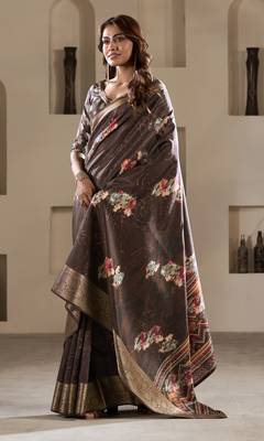 brown dola silk blend saree with unstitched blouse 1