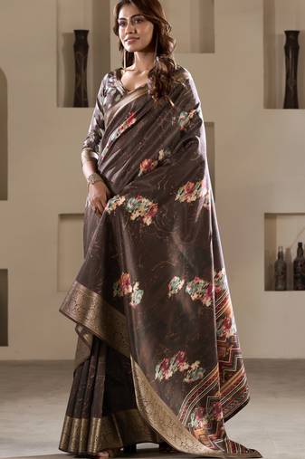 brown dola silk blend saree with unstitched blouse