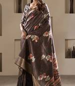 brown dola silk blend saree with unstitched blouse