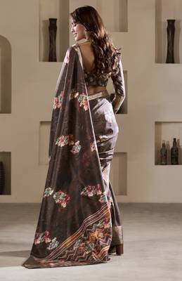 brown dola silk blend saree with unstitched blouse 2