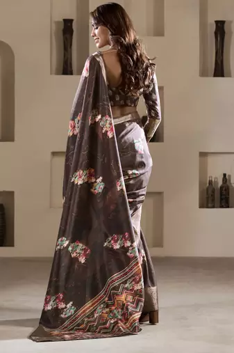 brown dola silk blend saree with unstitched blouse