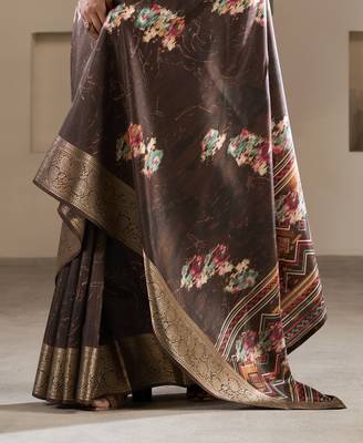 brown dola silk blend saree with unstitched blouse 3