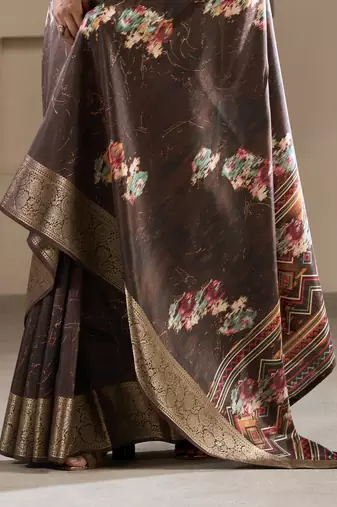 brown dola silk blend saree with unstitched blouse
