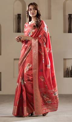 red dola silk blend saree with unstitched blouse 1