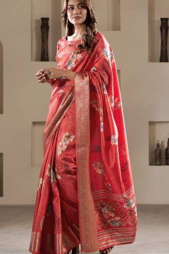 red dola silk blend saree with unstitched blouse
