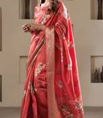 red dola silk blend saree with unstitched blouse