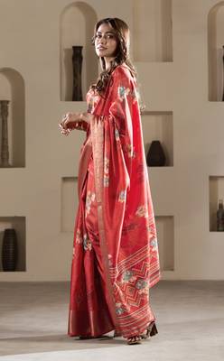 red dola silk blend saree with unstitched blouse 2