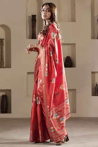 red dola silk blend saree with unstitched blouse