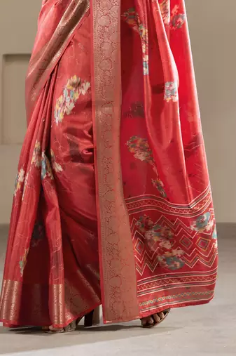 red dola silk blend saree with unstitched blouse